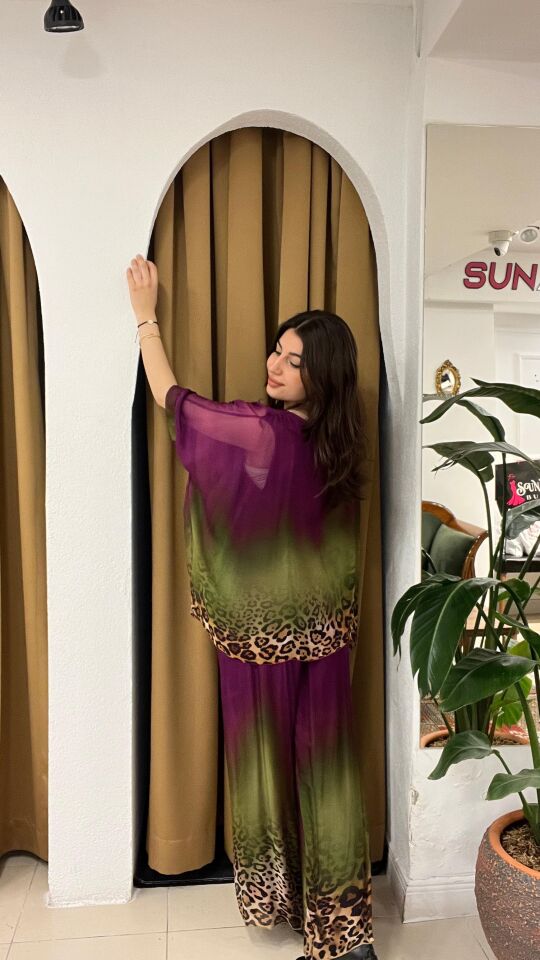 MOR  LEOPAR  DESENLİ ŞİFON TAKIM