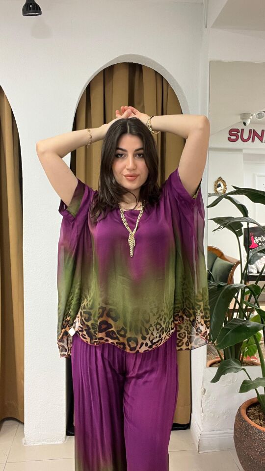 MOR  LEOPAR  DESENLİ ŞİFON TAKIM