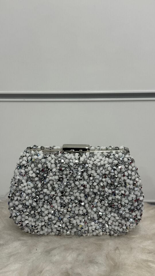 GÜMÜŞ GRİ TAŞ DETAYLI ŞIK ABİYE ÇANTA GÜMÜŞ-GRİ