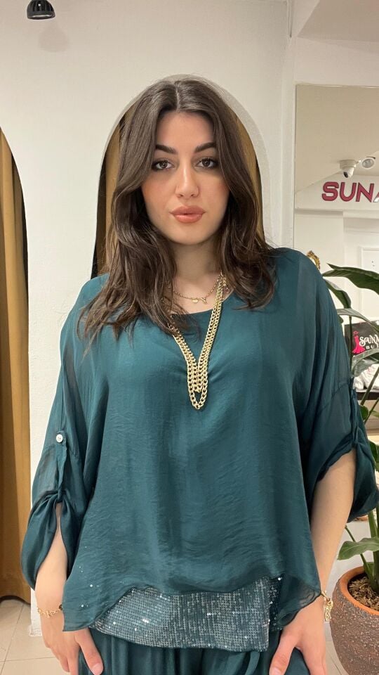 ZÜMRÜT YEŞİLİ ŞİFON TAKIM Standart - ZÜMRÜT YEŞİLİ
