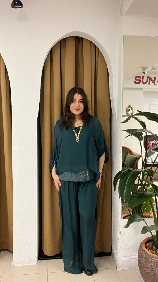 ZÜMRÜT YEŞİLİ ŞİFON TAKIM Standart - ZÜMRÜT YEŞİLİ