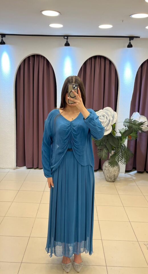 PETROL MAVİSİ İÇİ ASTAR DETAYLI ÜSTÜ TÜL UZUN ELBiSE petrol mavi - Standart