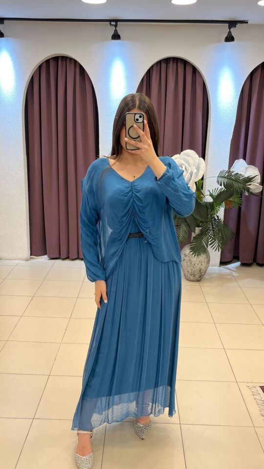 PETROL MAVİSİ İÇİ ASTAR DETAYLI ÜSTÜ TÜL UZUN ELBiSE petrol mavi - Standart