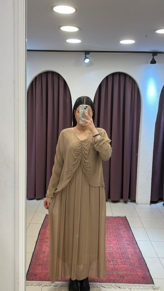 BEJ İÇİ ASTAR DETAYLI ÜSTÜ TÜL İTHAL ELBİSE Standart