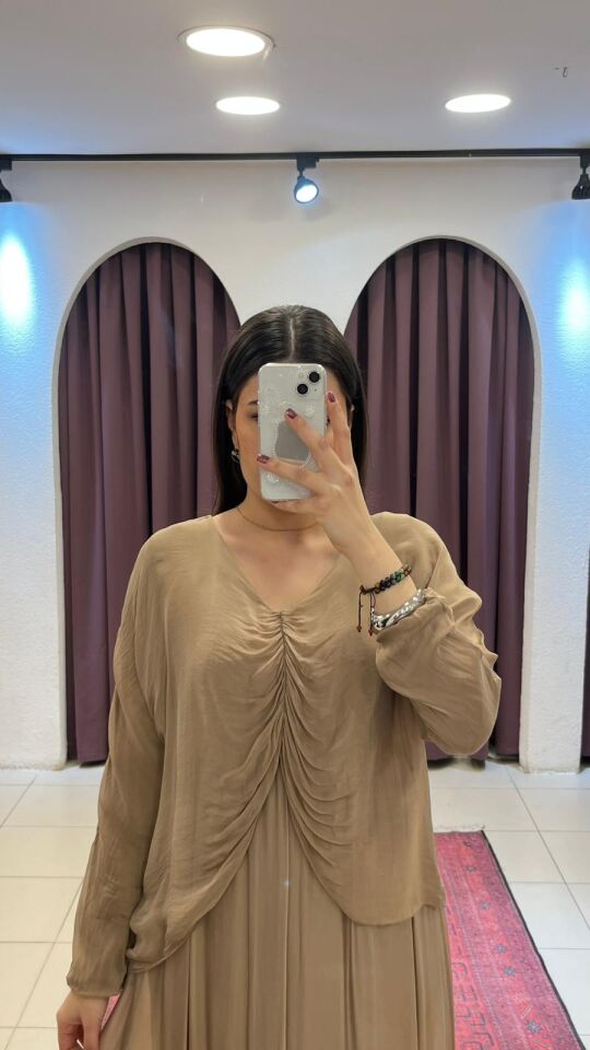 BEJ İÇİ ASTAR DETAYLI ÜSTÜ TÜL İTHAL ELBİSE Standart