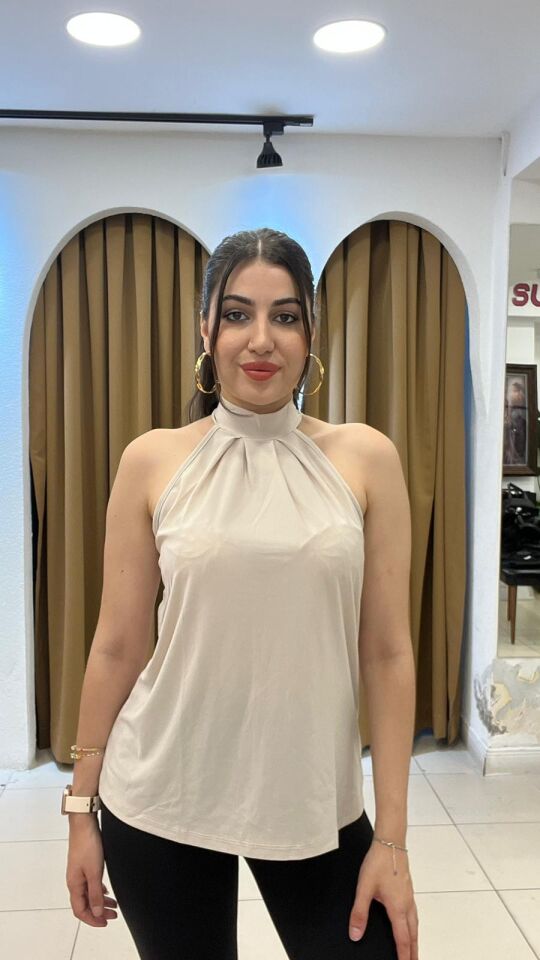 BEJ HALTER YAKA BLUZ