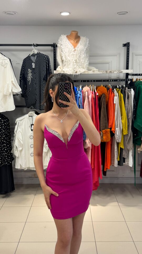PEMBE KEDİ YAKALI STRAPLEZ ABİYE