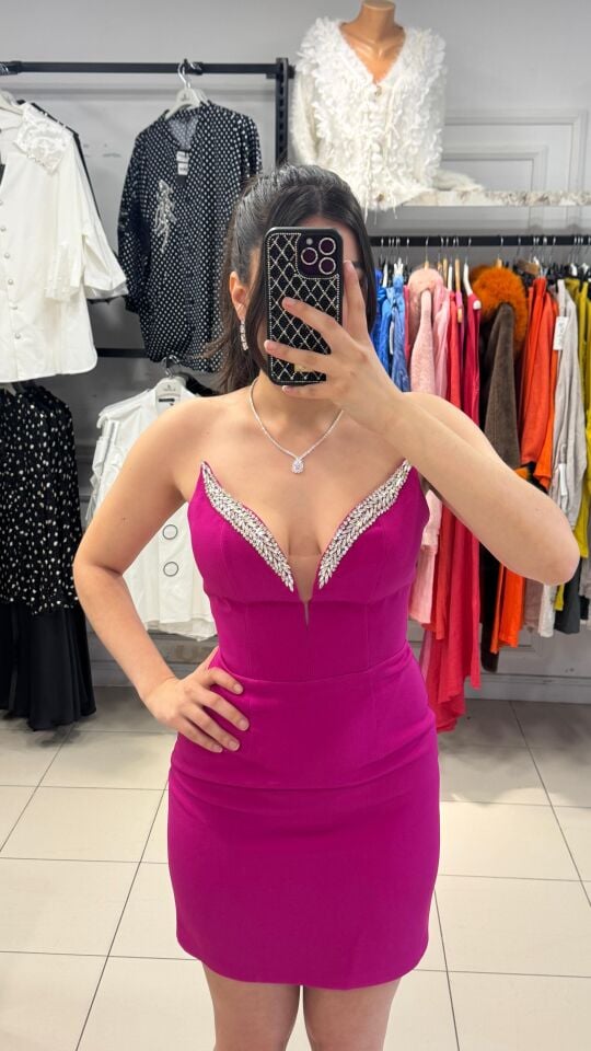 PEMBE KEDİ YAKALI STRAPLEZ ABİYE