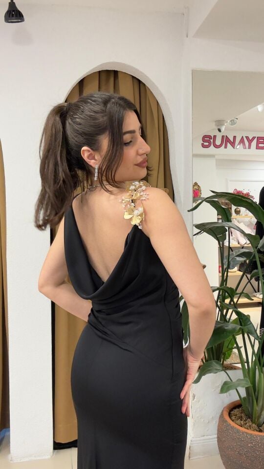 SİYAH DEGAJE YAKA ABİYE