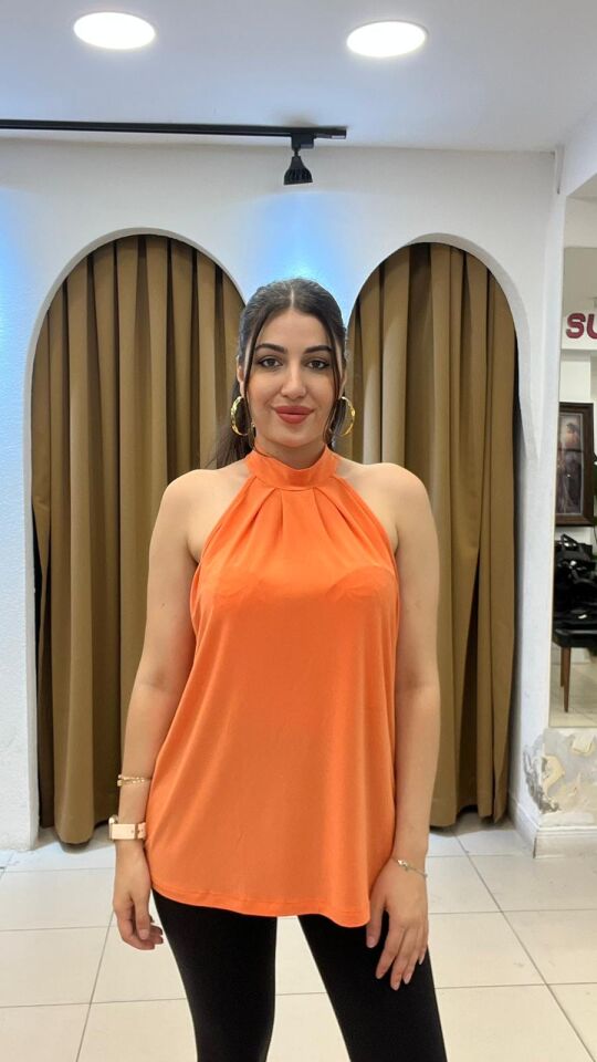 TURUNCU HALTER YAKA BLUZ