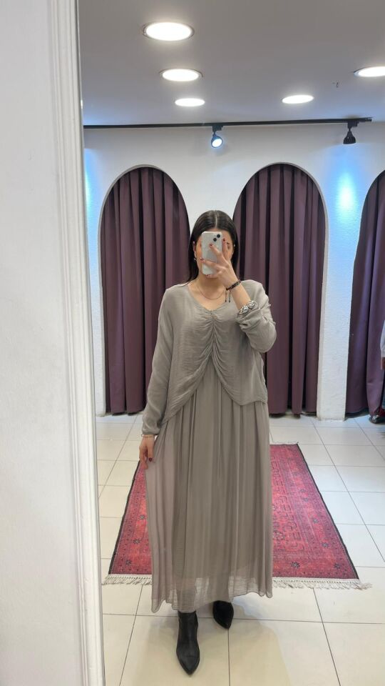 GRİ İÇİ ASTARLI TÜL İTHAL UZUN ELBİSE Standart - Gri