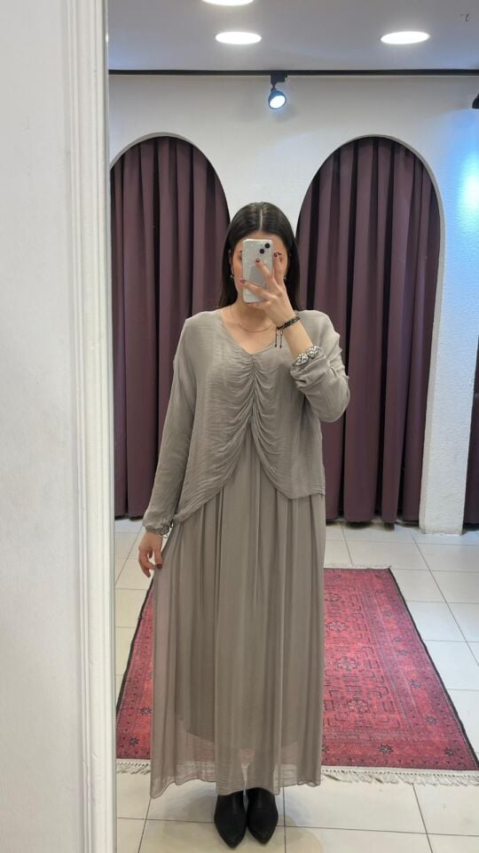 GRİ İÇİ ASTARLI TÜL İTHAL UZUN ELBİSE Standart - Gri