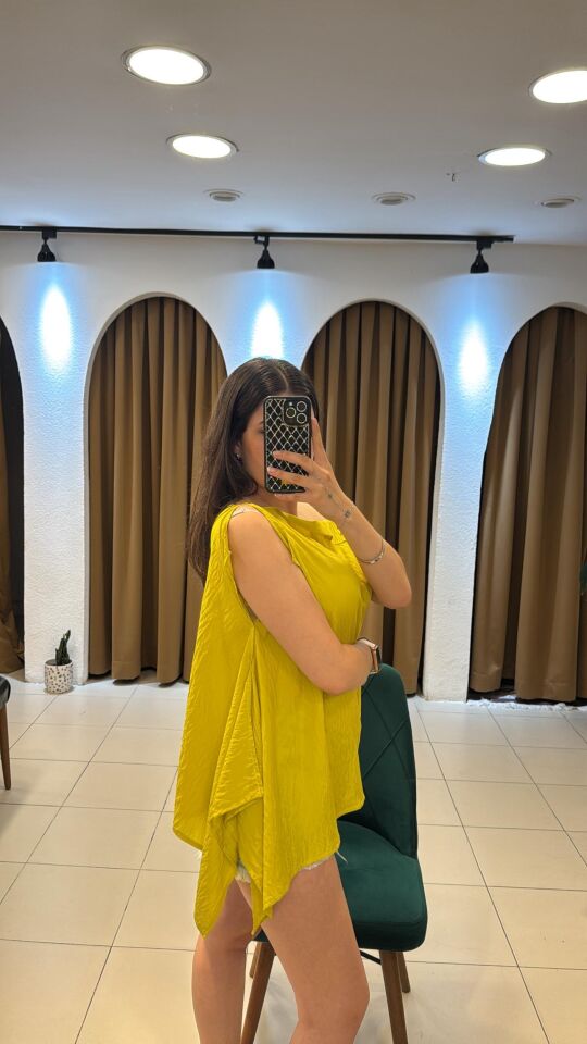 YAĞ YEŞİLİ ASİMETRİK KESİM BLUZ