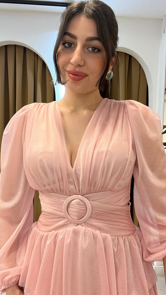 PUDRA PEMBESİ KOLLARI TÜL PARILTILI ELBİSE