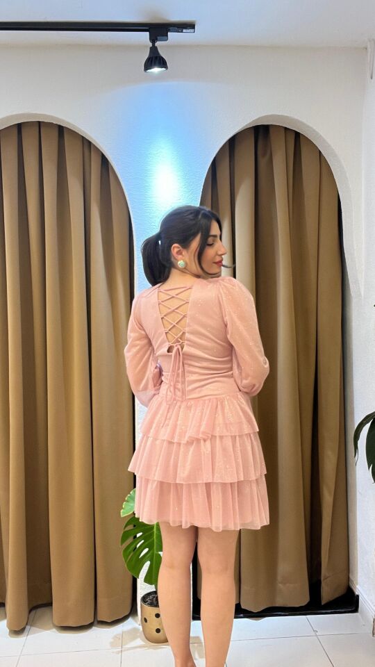 PUDRA PEMBESİ KOLLARI TÜL PARILTILI ELBİSE