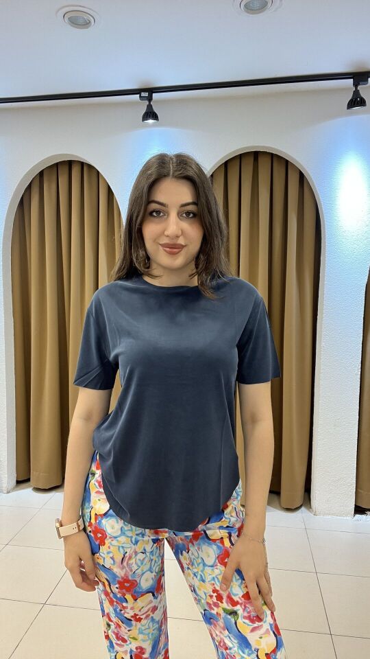 KISA KOLLU T-SHİRT LACİVERT - L