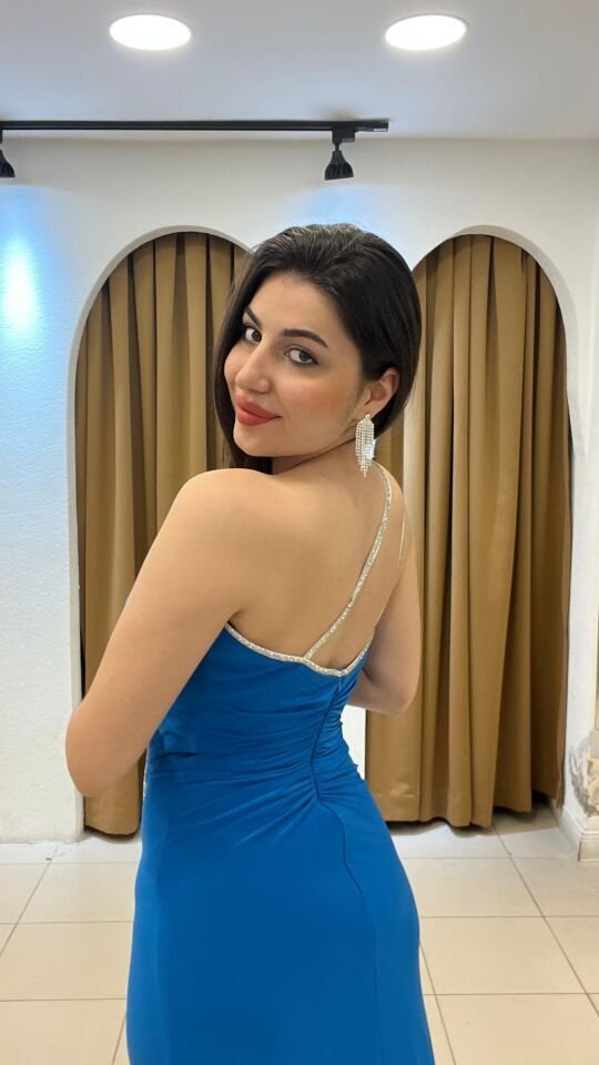 SAKS MAVİSİ TAŞ ŞERİTLİ ABİYE