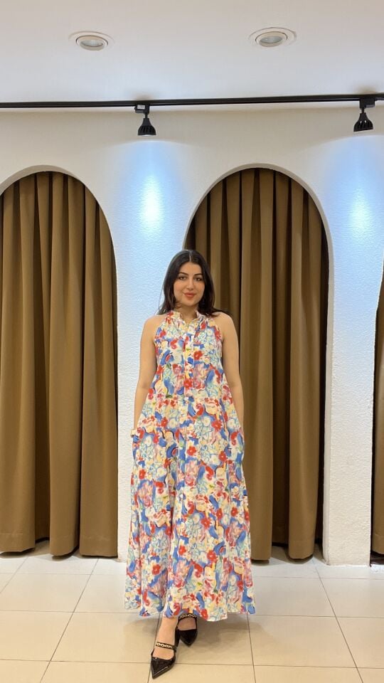 ÇİÇEK DESENLİ HALTER YAKA ELBİSE