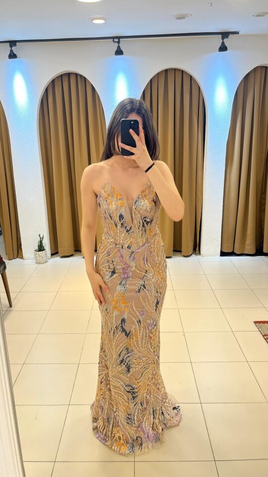 VİZON  TAŞLI STRAPLEZ ABİYE