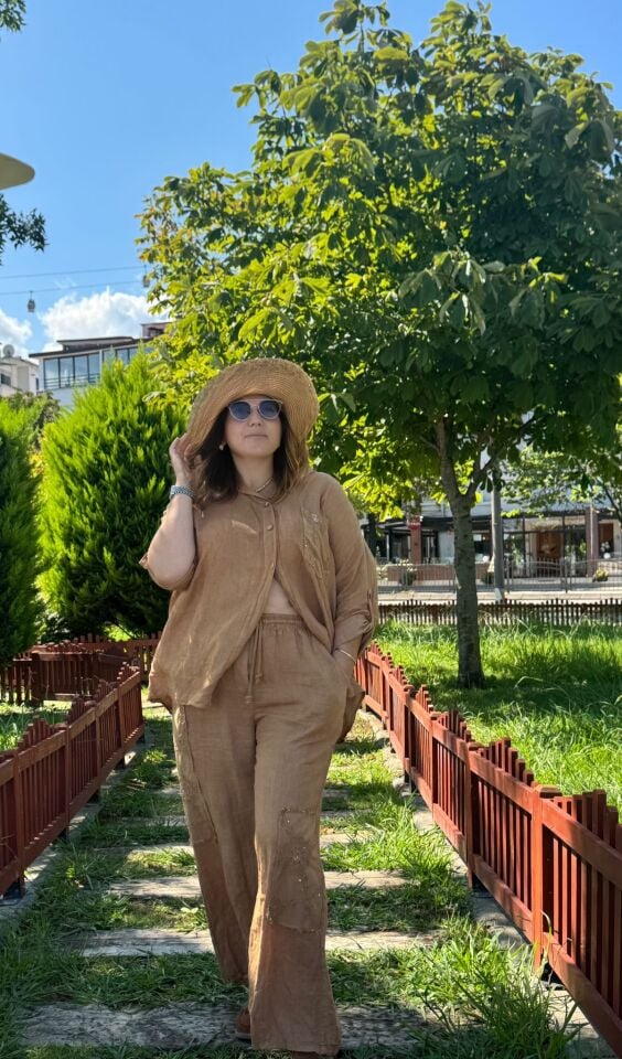 KAHVERENGİ İTHAL KETEN KUMAŞ TAKIM