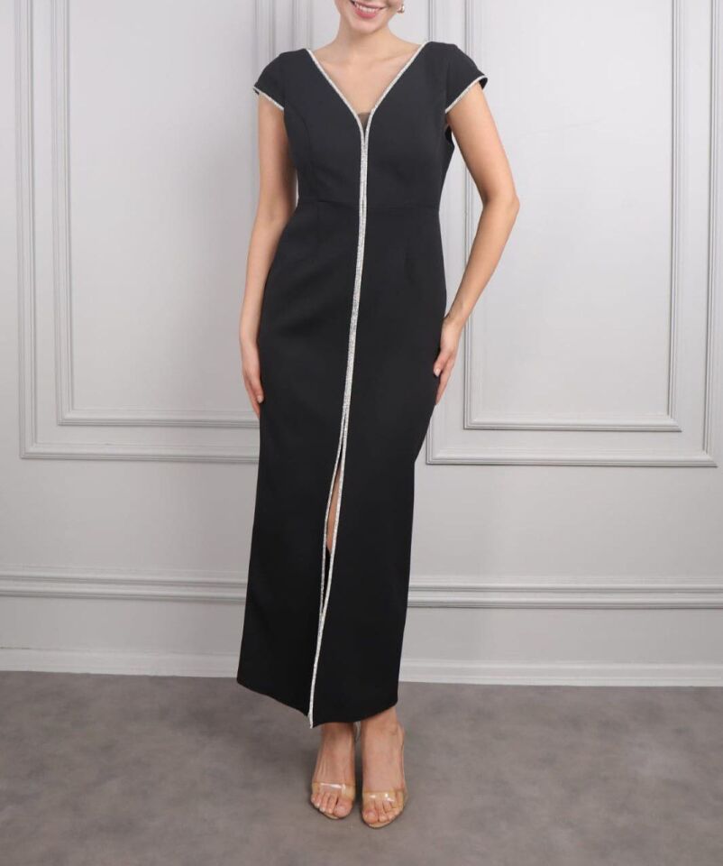 SİYAH ÖNDEN YIRTMAÇ TAŞ DETAY ABİYE SİYAH - 48