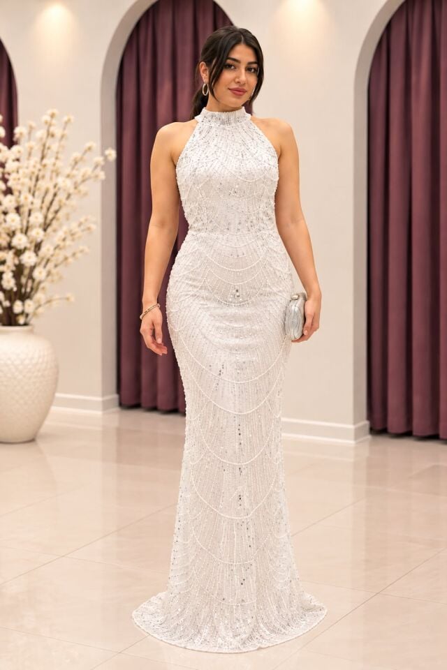 Beyaz Balık Halter Yaka Taşlı Model Abiye Elbise 44