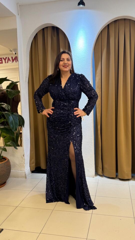 KOYU MAVİ PAYETLİ ABİYE