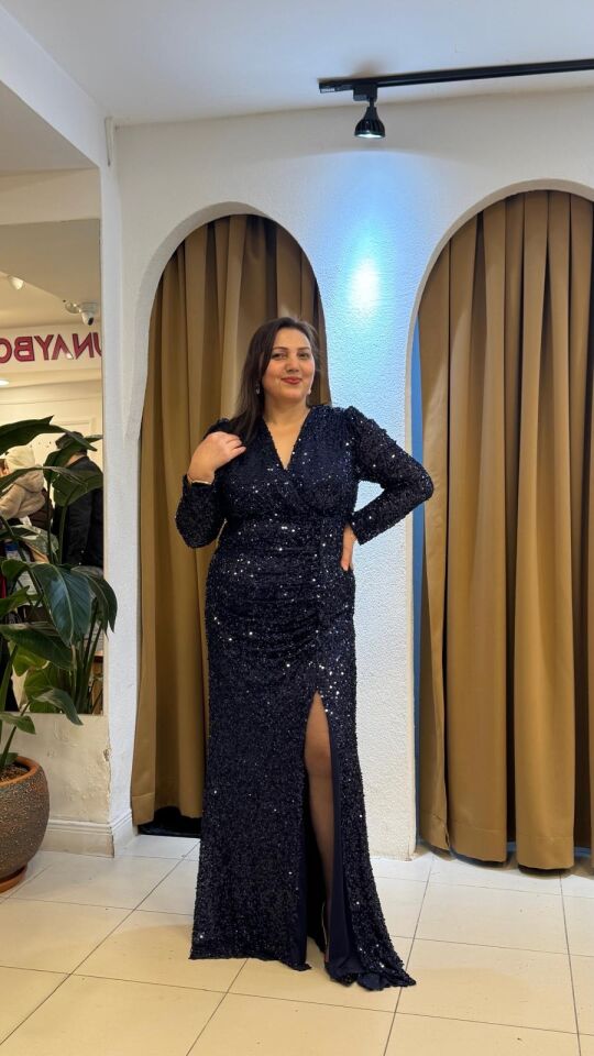 KOYU MAVİ PAYETLİ ABİYE
