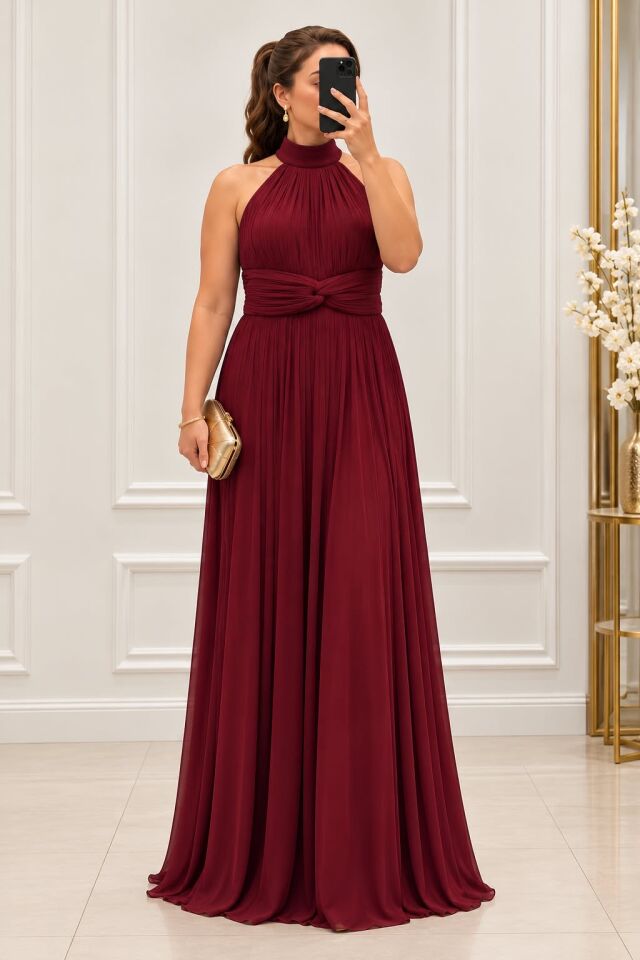 Bordo Pliseli  Halter Yaka Uzun Abiye Elbise 42
