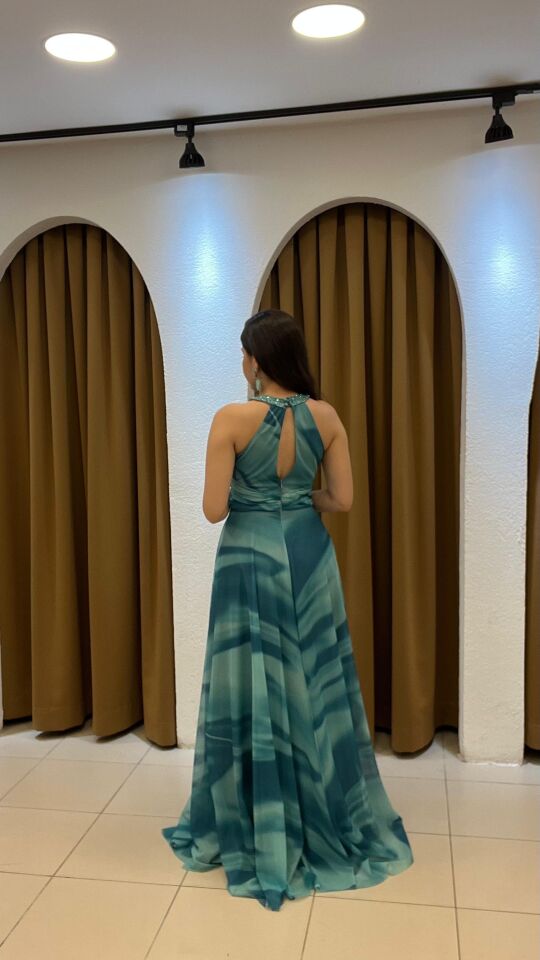 SU YEŞİLİ HALTER YAKA MAVİ KARIŞIMLI YIRTMAÇLI ABİYE