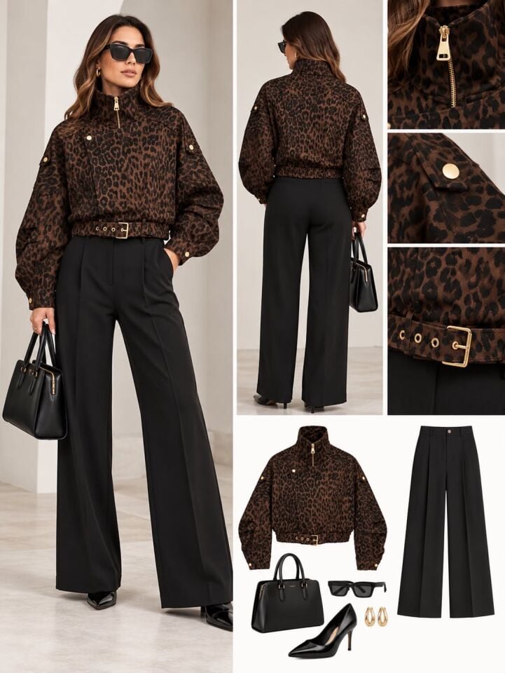 Leopar Desenli  Gold Detaylı Kısa Mont 42