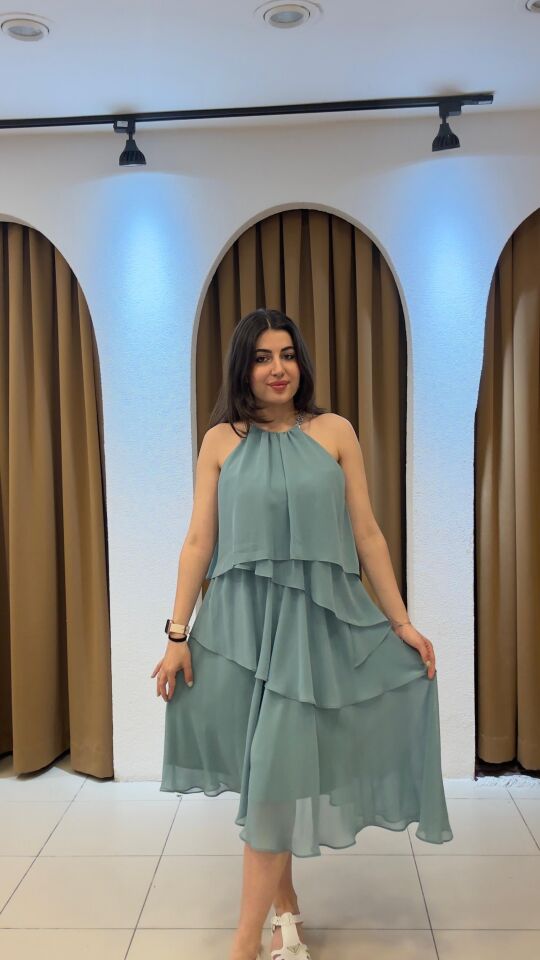 MİNT YEŞİLİ MiDİ BOY ELBİSE