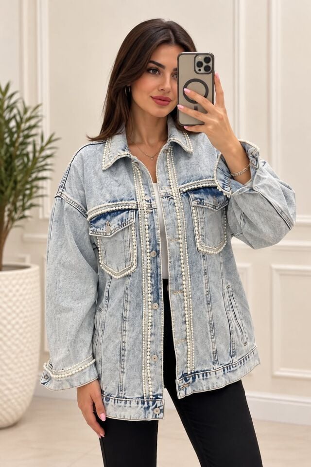 Premium İnci Detaylı Oversize Denim Ceket 44