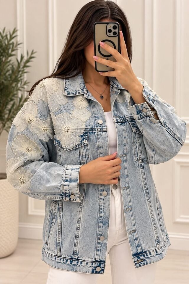 Premium Çiçek Aplikeli Denim Ceket 44