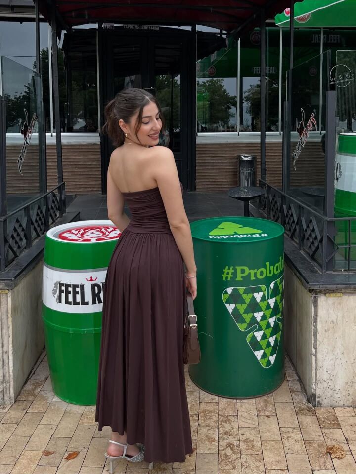 KAHVERENGİ BUZİ  PENYE KUMAŞ ELBİSE