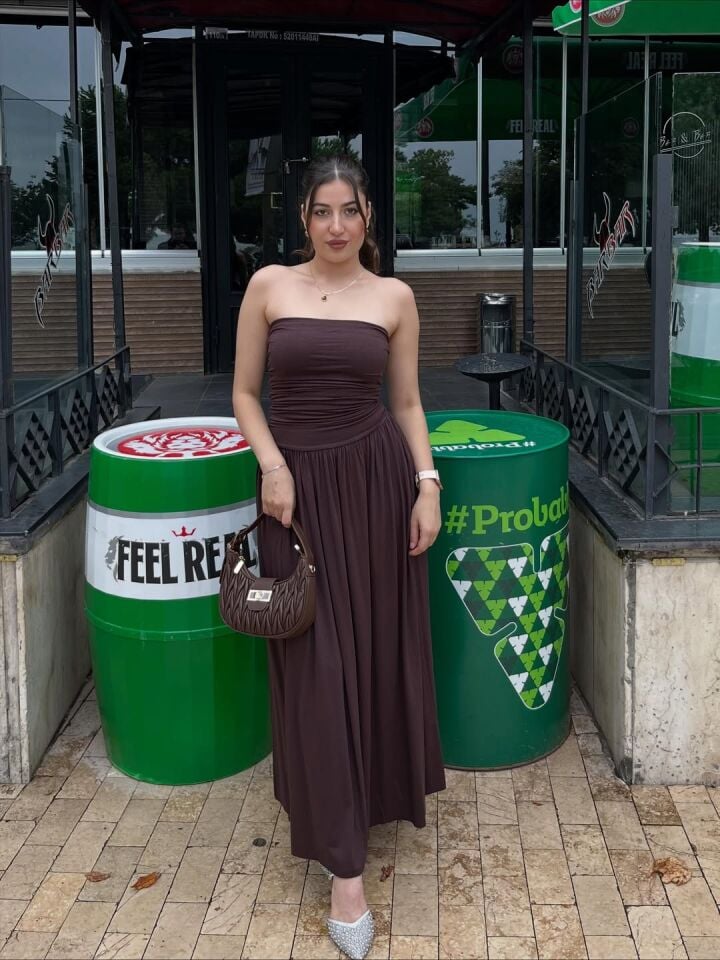 KAHVERENGİ BUZİ  PENYE KUMAŞ ELBİSE