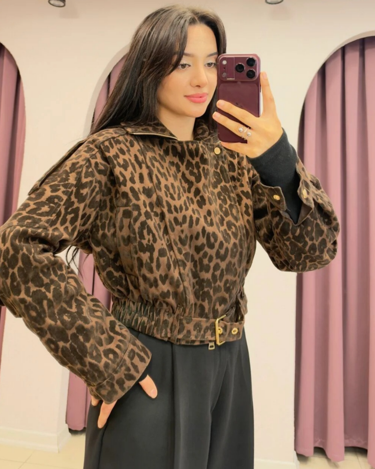 Beli Kemerli Fermuarlı Leopar Desen Mont L