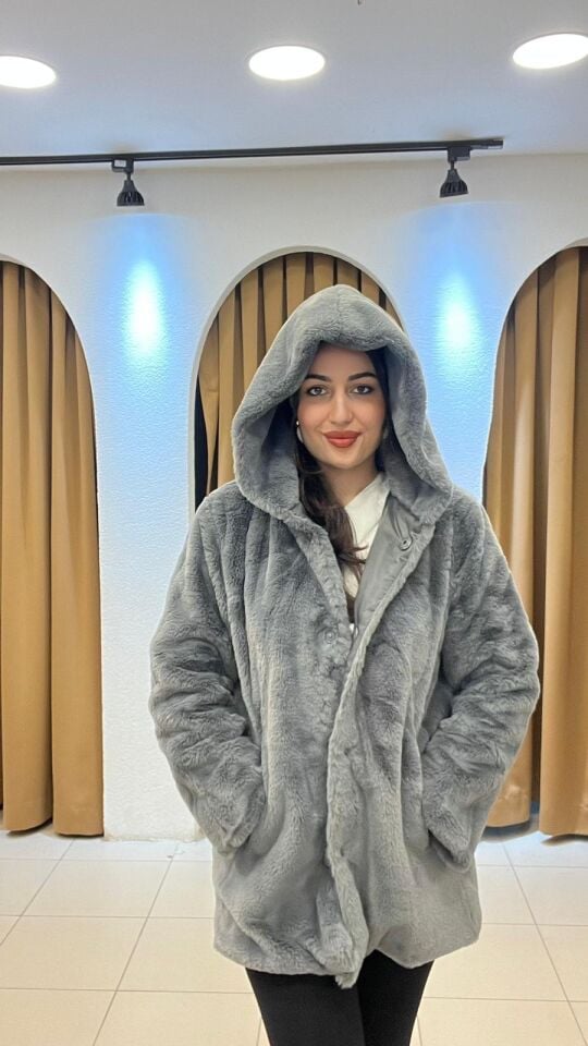 GRİ ÇITÇITLI KAPİŞONLU KÜRK