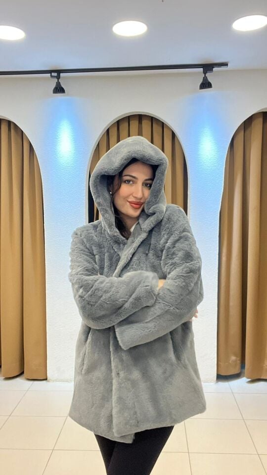 GRİ ÇITÇITLI KAPİŞONLU KÜRK