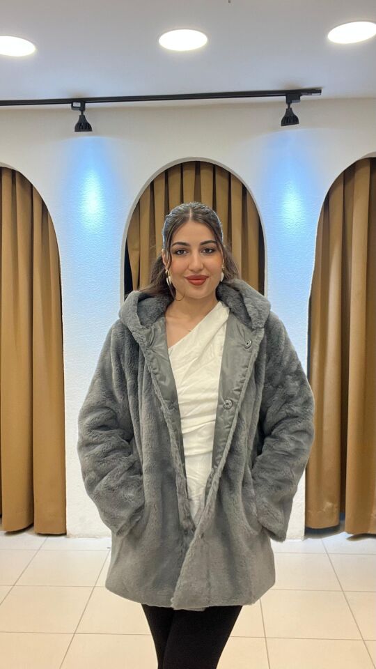 GRİ ÇITÇITLI KAPİŞONLU KÜRK