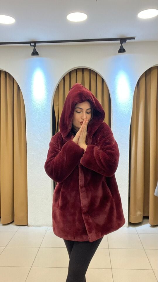 BORDO ÇITÇITLI KAPİŞONLU KÜRK M