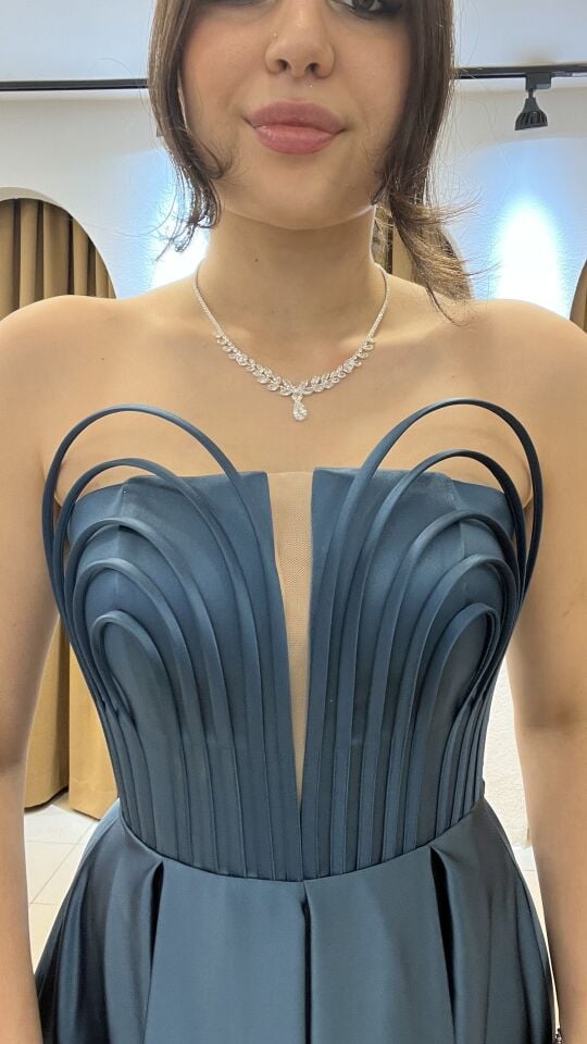 PETROL MAVİSİ SATEN STRAPLEZ  UZUN ELBİSE