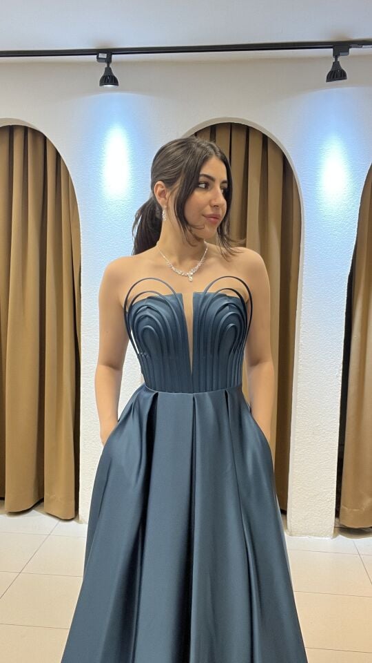 PETROL MAVİSİ SATEN STRAPLEZ  UZUN ELBİSE