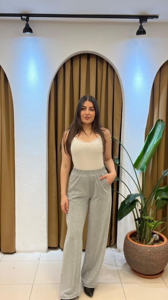 GRİ YÜKSEK BEL SİMLİ PALAZZO PANTOLON