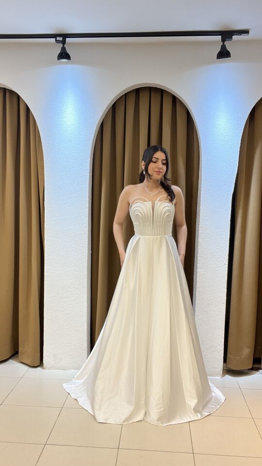 BEYAZ SATEN STRAPLEZ  UZUN ABİYE BEYAZ - 42