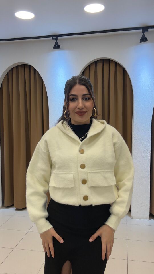 KREM ÇITÇIT KAPİŞONLU HIRKA Standart