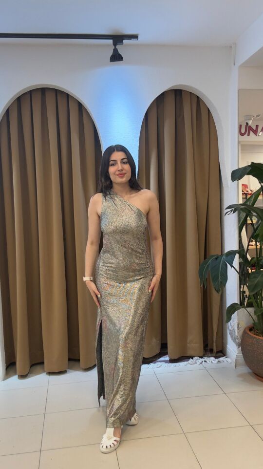 VİZON UZUN LİKRALI HOLOGRAM ELBİSE 42