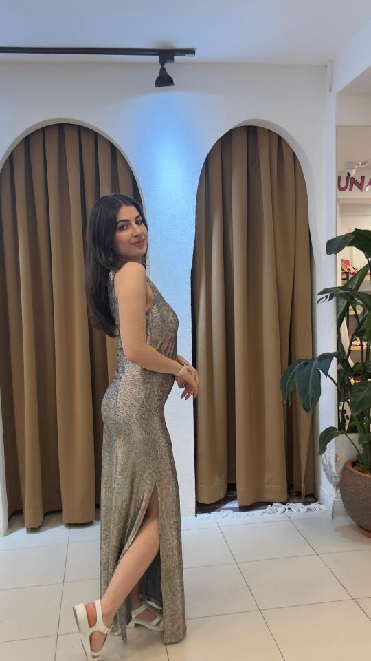 VİZON UZUN LİKRALI HOLOGRAM ELBİSE