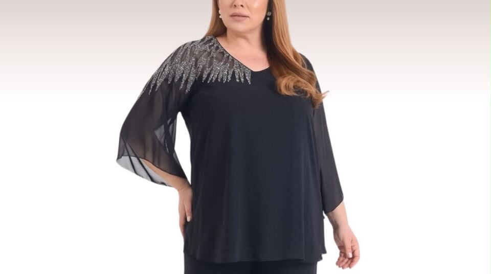 Siyah Büyük Beden  Kristal Taş İşlemeli Şifon Bluz  Tunik 48