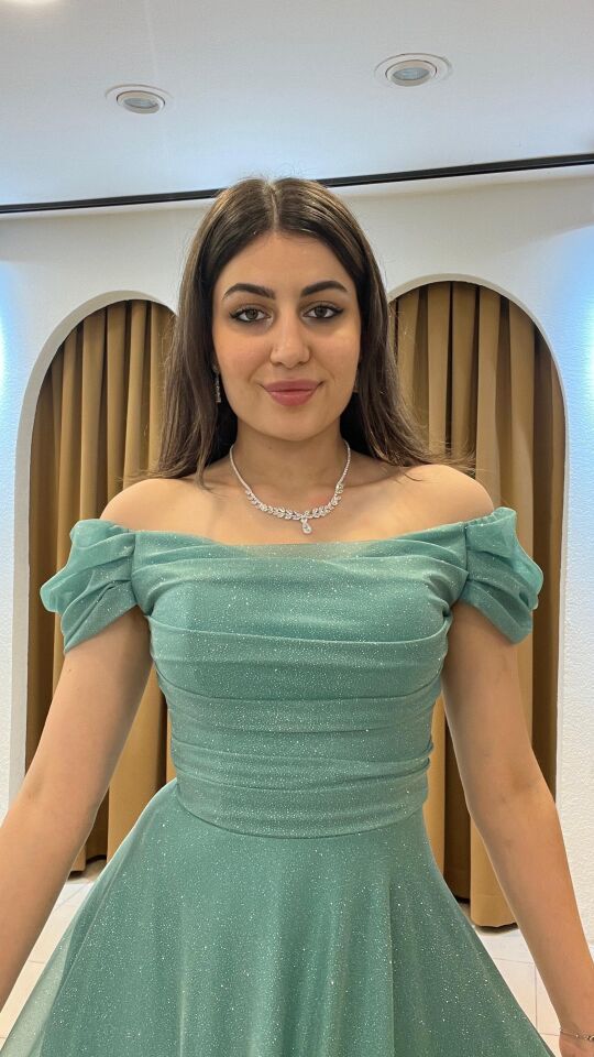 MİNT YEŞİL MADONNA YAKA UZUN ABİYE